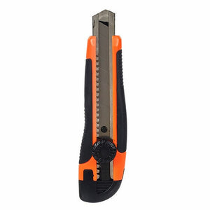 Marbig 975170B heavy duty cutter knife standing upright, fluoro orange and black body with a round wheel lock and wide segmented blade