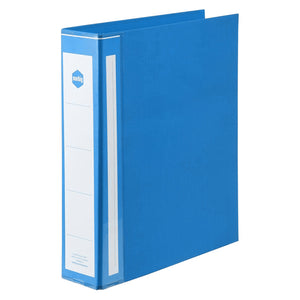 Marbig Deluxe blue A4 ring binder standing at an angle, showing the wide spine with a white label in a clear pocket