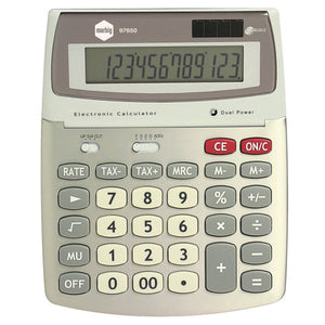 Marbig 97650 silver desktop calculator with a tilted 12 digit display, TAX plus, TAX minus and RATE keys on the top row and red CE and ON/C keys