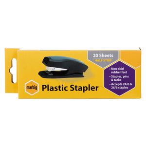 Yellow Marbig retail box printed Plastic Stapler, 20 Sheets Half Strip, Non-skid rubber feet, Staples, pins and tacks and Accepts 24/6 and 26/6 staples