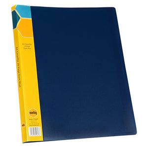 Marbig navy blue A4 display book with a yellow printed strip down the left edge reading A4 Clearfile 20 Page Dark Blue