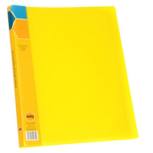 Marbig yellow A4 display book with a translucent cover and a printed yellow strip reading A4 Clearfile 20 Page Yellow down the left edge