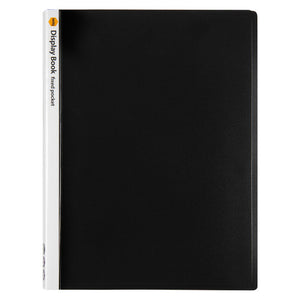 Marbig 2003802 black 20 pocket fixed pocket display book, closed, with a white spine strip printed Display Book fixed pocket