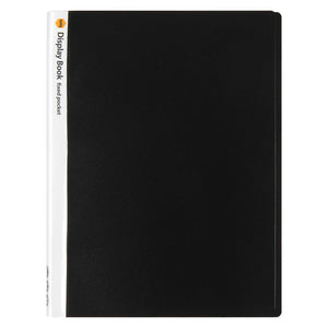 Marbig 2003902 black 40 pocket A4 fixed pocket display book, closed, white spine strip with the Marbig logo and Display Book fixed pocket
