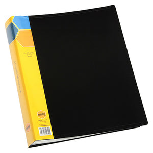 Marbig 1742802 black A4 fixed pocket display book at an angle, yellow spine card printed A4 Clearfile 60 Page Black above a Marbig logo and barcode label