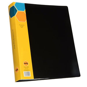 Marbig 1742902 black A4 display book at an angle, yellow spine card printed A4 Clearfile 80 Page Black above a label with Ref.No. 1742902 and a barcode