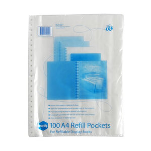 Marbig 20081P bag of 100 A4 refill pockets for refillable display books, clear pack with blue printing and barcode