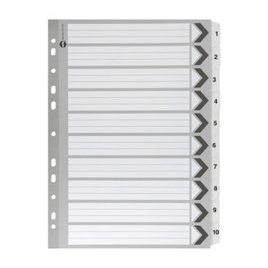 Marbig 35117F A4 divider set in grey board with white reinforced tabs numbered 1 to 10 in black and black arrows on the ruled contents page