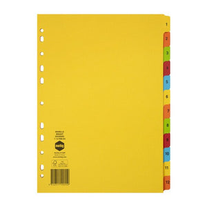 Marbig 37160F yellow manilla divider with twelve bright coloured tabs printed 1 to 12 and a punched binding edge