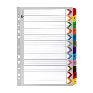 Marbig 35019F A4 divider set in grey manilla board with twelve coloured reinforced tabs numbered 1 to 12 and a contents page with coloured arrows