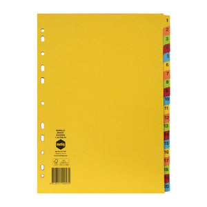Marbig 37170F yellow manilla divider with bright coloured tabs printed 1 to 20 down the right edge and punched holes on the left