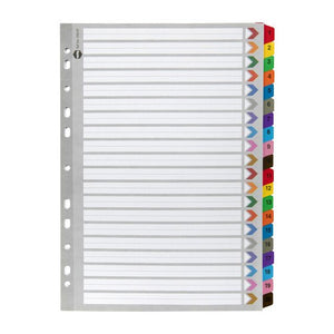 Marbig 35023F A4 divider set in grey manilla board with 20 coloured tabs numbered 1 to 20 and a punched binding strip