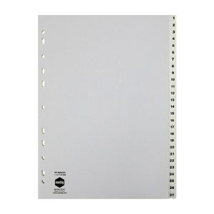 Marbig 35141 white polypropylene index divider set with tabs numbered 1 to 54 down the right edge and a punched binding edge