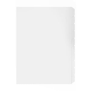 Marbig 37405F white manilla divider set with ten blank stepped tabs on the right and a plain unpunched binding edge