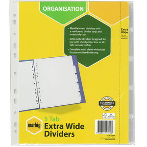 Marbig 5 Tab Extra Wide Dividers 37650F in the sealed yellow and green pack, marked for use with sheet protectors, with white sheets inside