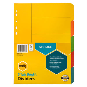 Marbig 37100AF 5 Tab Bright Dividers in a yellow and blue Storage header card, with orange, green, red and teal tabs down the right