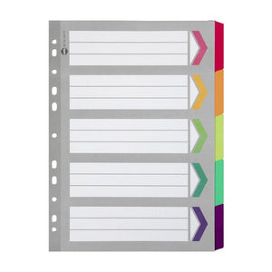 Marbig 36011F A4 divider set in grey manilla board with five fluoro reinforced tabs and a ruled contents page with fluoro arrows