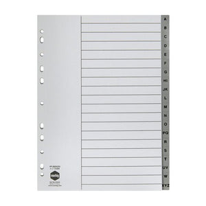 Marbig 35050 grey polypropylene A4 index with 20 lettered tabs from A to XYZ, a ruled contents page and a punched binding edge
