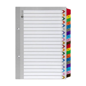 Marbig 35043F A5 divider set in grey manilla board with 20 coloured reinforced tabs lettered A to XYZ and a ruled contents page with coloured arrows