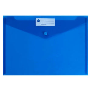 Translucent blue Marbig Doculope A4 document wallet lying landscape with its pointed flap, round button and white label panel