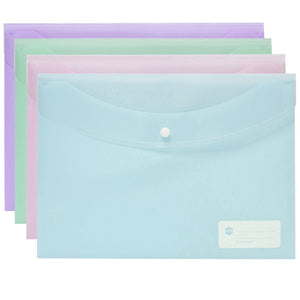 Four Marbig Doculope pastel A4 wallets fanned out, pale blue in front with pink, mint green and lilac behind, each with a curved flap