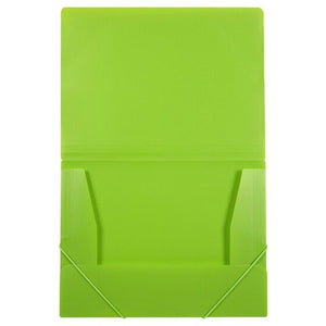 Marbig lime A4 document file opened flat with two side flaps and a bottom flap folded in and elastic straps on the lower corners