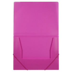 Marbig pink A4 polypropylene document file laid open with two side flaps and a bottom flap folded in and pink elastic on the corners