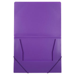 Marbig purple A4 document file opened out flat with side flaps, a bottom flap and dark purple elastic straps on the lower corners