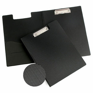 Two black Marbig Enviro clipfolders, one open to show the pocket inside the cover and one closed, with a close up of the diamond textured cover
