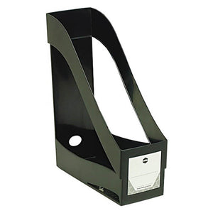 Marbig 86320 black moulded magazine holder standing empty, with open cut away sides, a tall back and a white label card on the low front