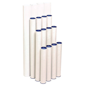 Rows of white Marbig corrugated board mailing tubes in several lengths standing upright with dark blue end lids
