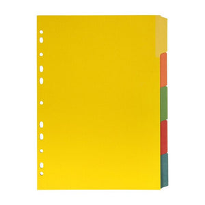 Marbig 37900F bright manilla dividers, yellow first divider with orange, green, red and teal tabs stepped down the right edge