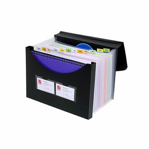 Open Marbig black expanding file with clear pockets and coloured month tabs, a purple spiral book and disc behind, and two business cards on the front