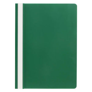 A single closed Marbig A4 economy flat file in green, with a white title strip running the full depth of the spine edge under a clear strip and a rounded outer corner at the top right.