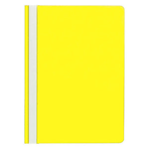 A single closed Marbig A4 economy flat file in yellow, with a white title strip running the full depth of the spine edge under a clear strip and a rounded outer corner at the top right.