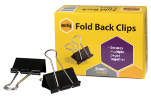 Marbig 87050 fold back clips 50mm black, box of 12, loose clips beside the yellow Marbig pack