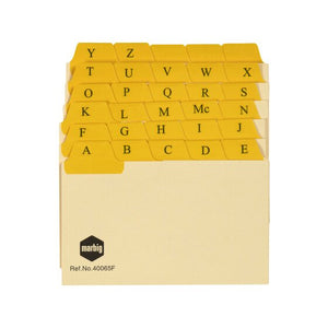 Marbig 40065F buff manilla guide cards fanned to show yellow plastic tabs lettered A to Z in five staggered rows, with Ref No 40065F on the front card