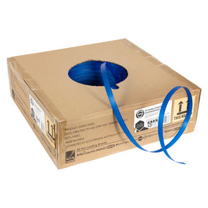 Marbig Professional hand strapping dispenser box with blue 12mm strap drawn up through a round opening in the lid and looped over the side