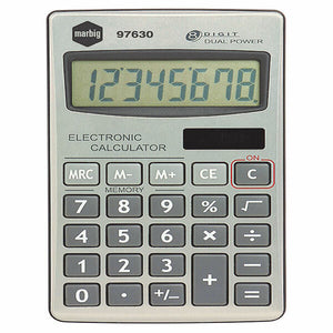 Marbig 97630 silver handheld calculator printed 8 DIGIT DUAL POWER, with memory keys under a MEMORY label and grey rubber style number keys