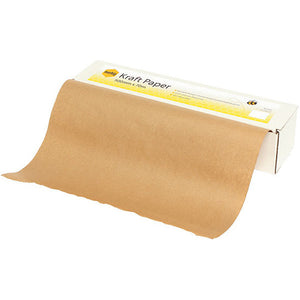 Marbig kraft paper dispenser box, white with yellow panel, brown kraft paper drawn out over the top edge and draped forward
