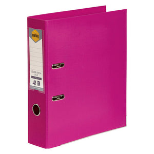 Hot pink Marbig A4 lever arch file at an angle, with a white spine label, a thumb hole in the spine and two metal eyelets on the cover