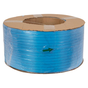 Roll of Marbig blue polypropylene machine strapping wound between brown card side discs, shrink wrapped with a green direction arrow on the wrap