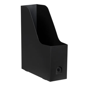 Marbig 2019102 black polypropylene magazine holder assembled, with a tall back, a sloping side cut to a low front and a round finger hole at the base of the spine
