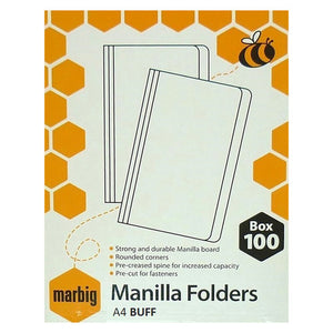 Marbig white and orange honeycomb retail carton for A4 manilla folders in buff, printed A4 BUFF and Box 100 with the four carton feature lines on manilla board, rounded corners, pre-creased spine and pre-cut fastener positions. The photograph shows one box; this product is supplied as a carton of five.