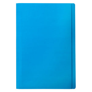 A single blue Marbig foolscap manilla folder photographed flat on white, closed, showing a bright mid blue board with a plain square leading edge and a crease along the spine.