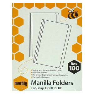 Marbig white and orange honeycomb retail carton for foolscap manilla folders in light blue, printed Box 100 and the four carton feature lines on manilla board, rounded corners, pre-creased spine and pre-cut fastener positions.