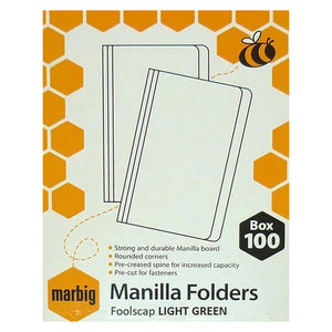 Marbig white and orange honeycomb retail carton for foolscap manilla folders in light green, printed Box 100 with a bee motif and four feature lines reading strong and durable Manilla board, rounded corners, pre-creased spine for increased capacity and pre-cut for fasteners. No certification mark is printed on the pack.