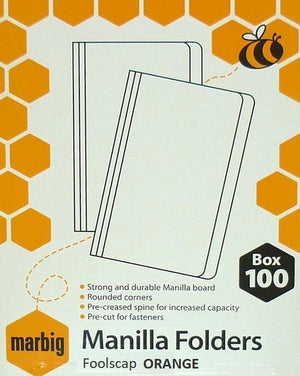 Marbig honeycomb retail carton for orange foolscap manilla folders, Box 100, printed with strong and durable Manilla board, rounded corners, pre creased spine and pre cut for fasteners