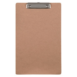 Marbig brown masonite foolscap clipboard in portrait orientation with a flat chrome metal clip at the top