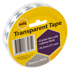 Marbig Transparent Tape 18mm x 66m roll with a yellow and purple label reading crystal clear with a glossy finish and 76.2mm core